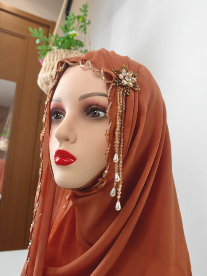 Wholesale Luxury Brown Chiffon Hijab Pearl Drops Beaded Edges