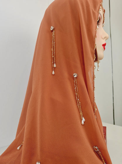 Wholesale Luxury Brown Chiffon Hijab Pearl Drops Beaded Edges