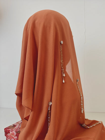 Wholesale Luxury Brown Chiffon Hijab Pearl Drops Beaded Edges