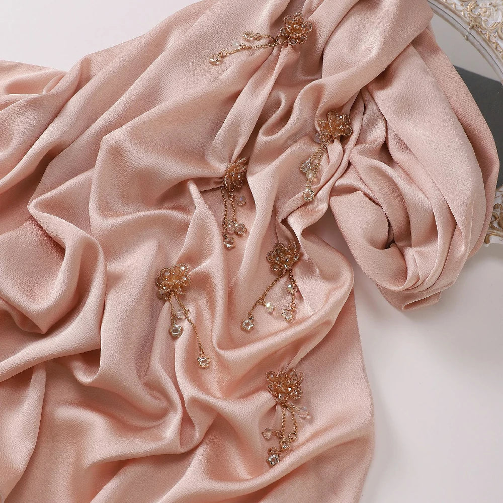 Wholesale Luxury Chiffon Crystal Embellished Hijab with Rose Gold Flowers