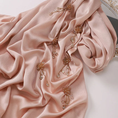 Wholesale Luxury Chiffon Crystal Embellished Hijab with Rose Gold Flowers