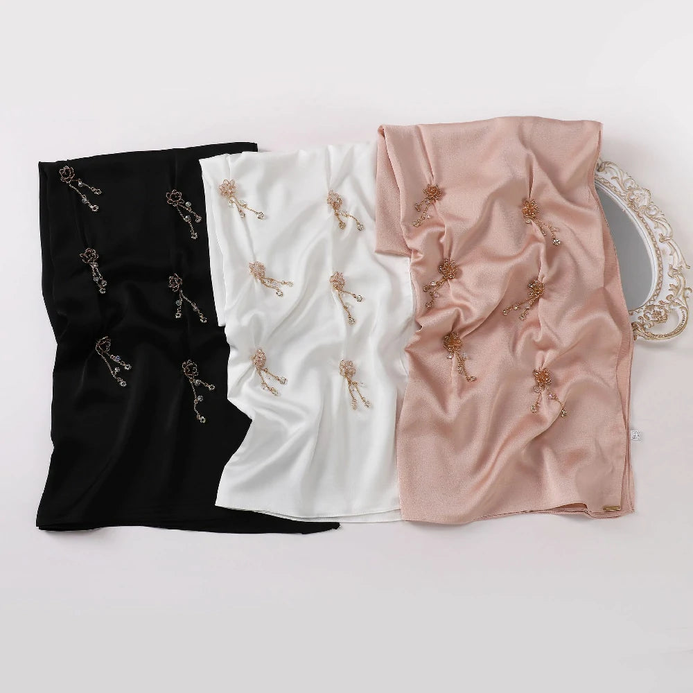 Wholesale Luxury Chiffon Crystal Embellished Hijab with Rose Gold Flowers