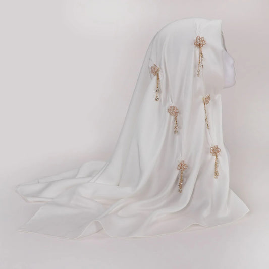 Wholesale Luxury Chiffon Crystal Embellished Hijab with Rose Gold Flowers