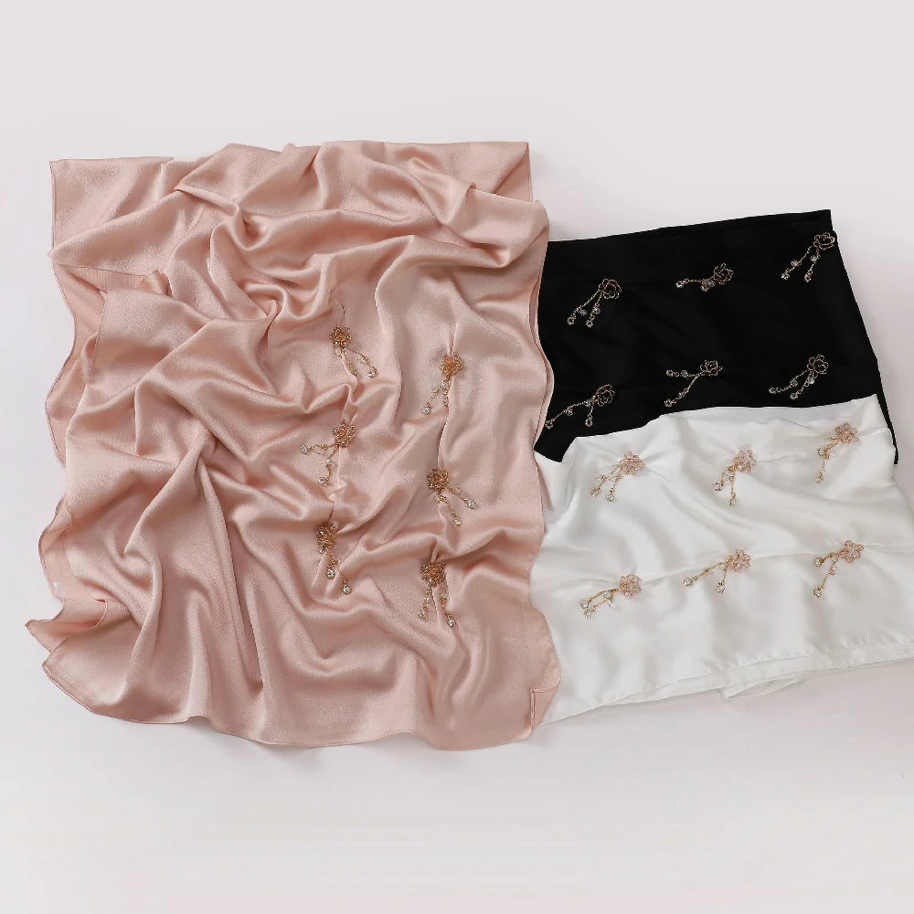 Wholesale Luxury Chiffon Crystal Embellished Hijab with Rose Gold Flowers
