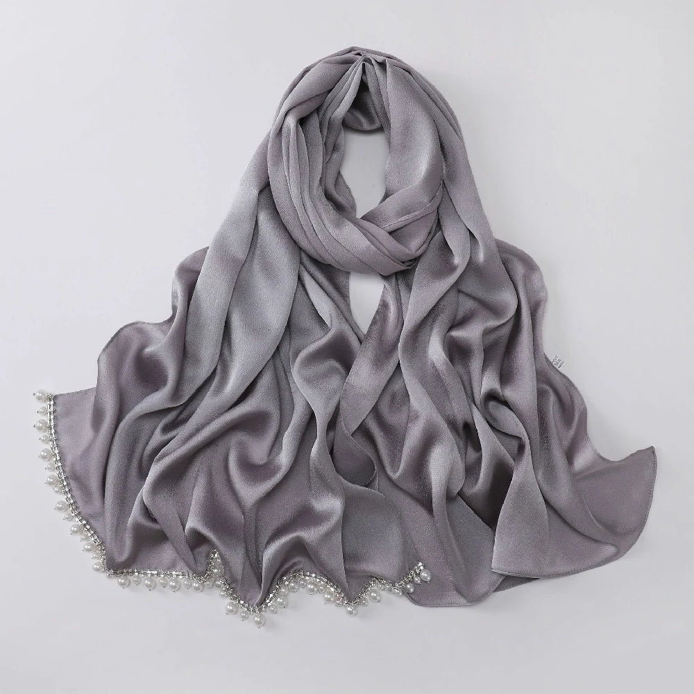 Wholesale Luxury Pearl Beaded Hijab Solid Color Pearl Trim Muslim Scarf