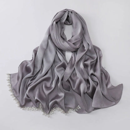 Wholesale Luxury Pearl Beaded Hijab Solid Color Pearl Trim Muslim Scarf