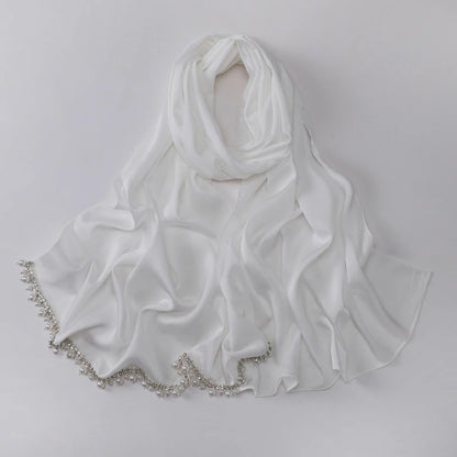 Wholesale Luxury Pearl Beaded Hijab Solid Color Pearl Trim Muslim Scarf