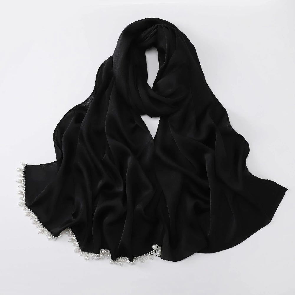 Wholesale Luxury Pearl Beaded Hijab Solid Color Pearl Trim Muslim Scarf