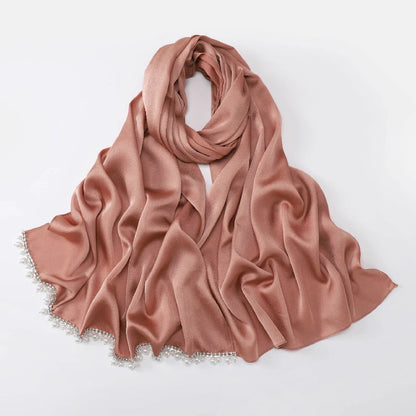 Wholesale Luxury Pearl Beaded Hijab Solid Color Pearl Trim Muslim Scarf