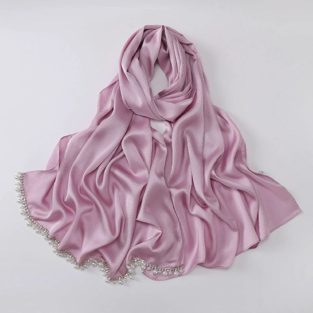 Wholesale Luxury Pearl Beaded Hijab Solid Color Pearl Trim Muslim Scarf