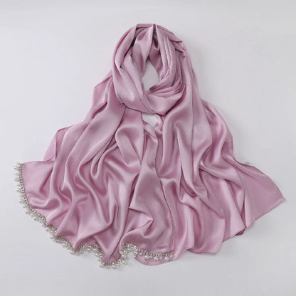 Wholesale Luxury Pearl Beaded Hijab Solid Color Pearl Trim Muslim Scarf