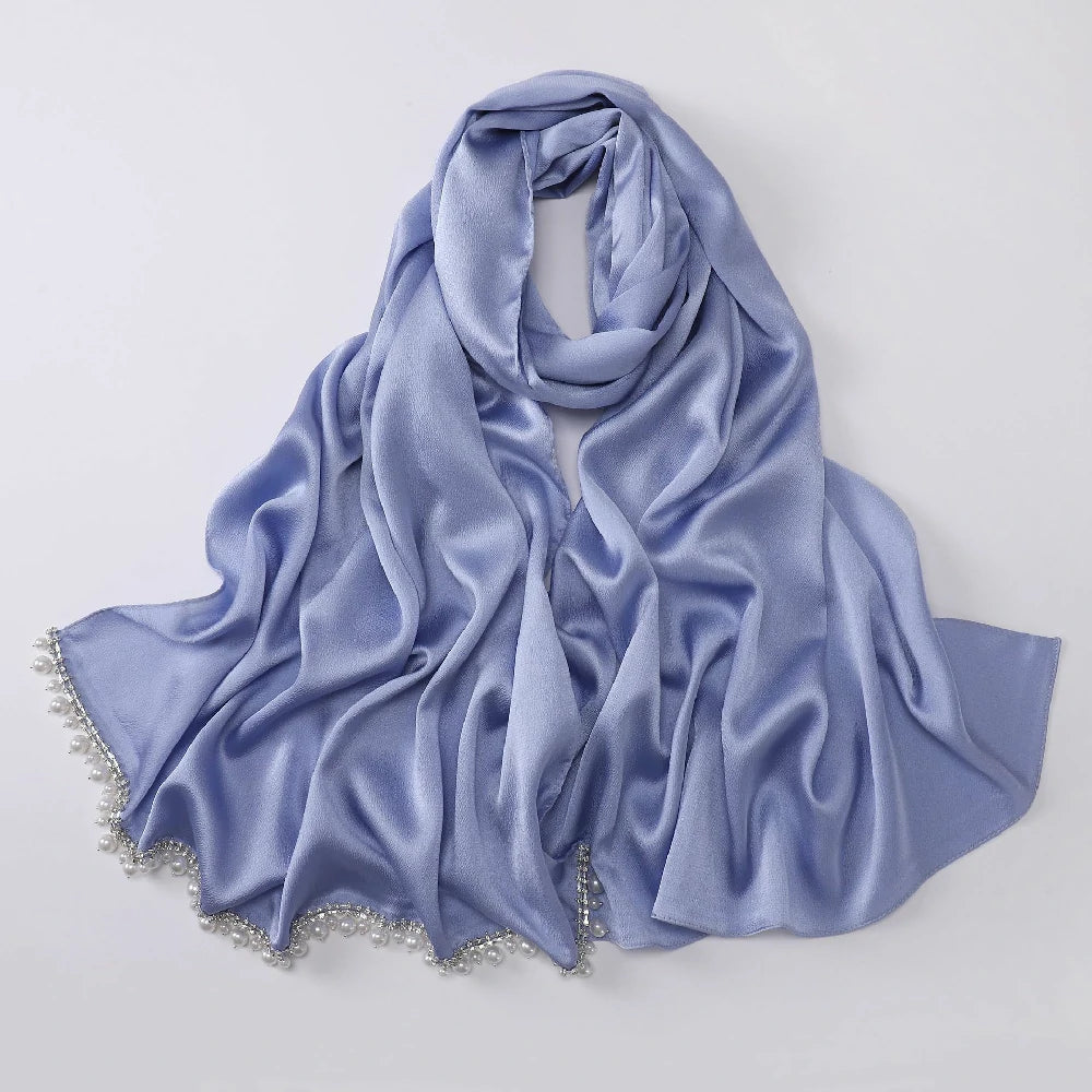 Wholesale Luxury Pearl Beaded Hijab Solid Color Pearl Trim Muslim Scarf