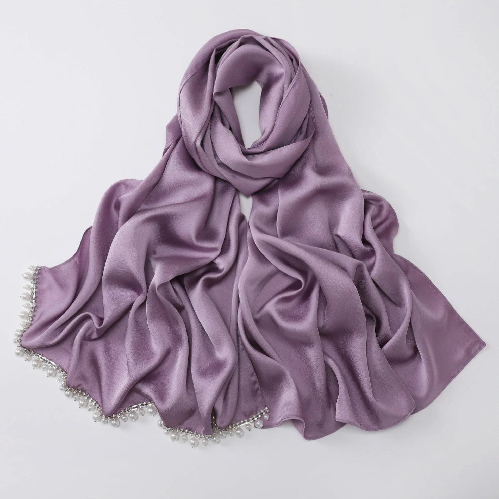 Wholesale Luxury Pearl Beaded Hijab Solid Color Pearl Trim Muslim Scarf