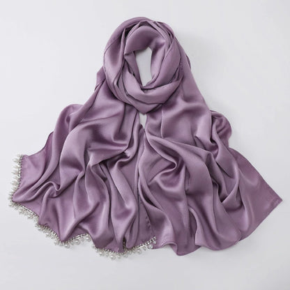 Wholesale Luxury Pearl Beaded Hijab Solid Color Pearl Trim Muslim Scarf