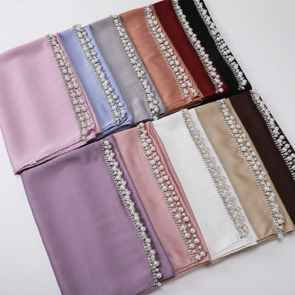 Wholesale Luxury Pearl Beaded Hijab Solid Color Pearl Trim Muslim Scarf