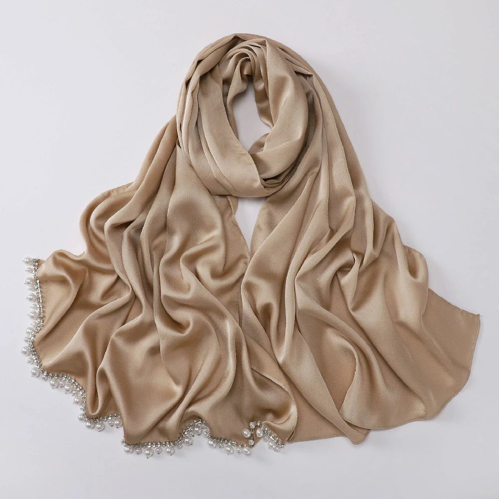 Wholesale Luxury Pearl Beaded Hijab Solid Color Pearl Trim Muslim Scarf