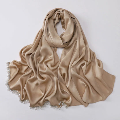 Wholesale Luxury Pearl Beaded Hijab Solid Color Pearl Trim Muslim Scarf