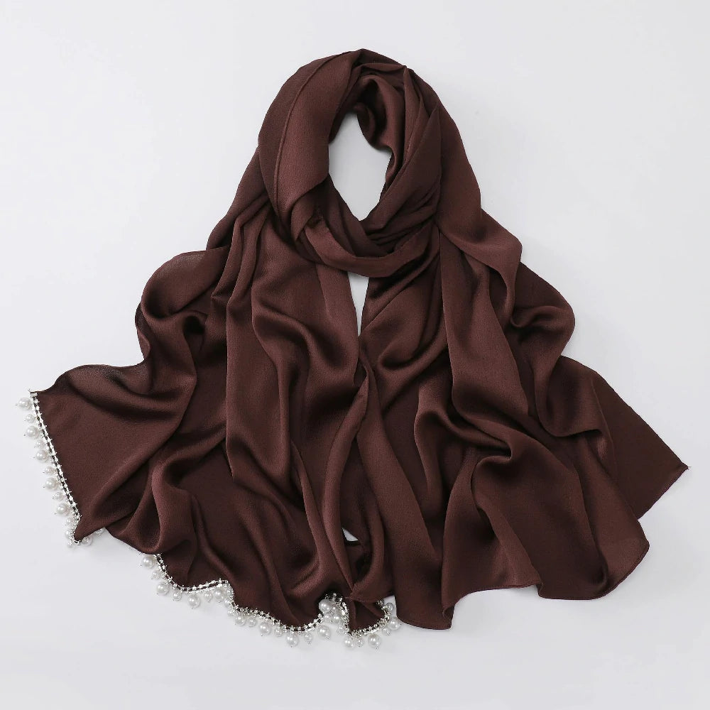 Wholesale Luxury Pearl Beaded Hijab Solid Color Pearl Trim Muslim Scarf