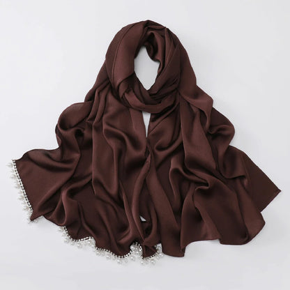 Wholesale Luxury Pearl Beaded Hijab Solid Color Pearl Trim Muslim Scarf