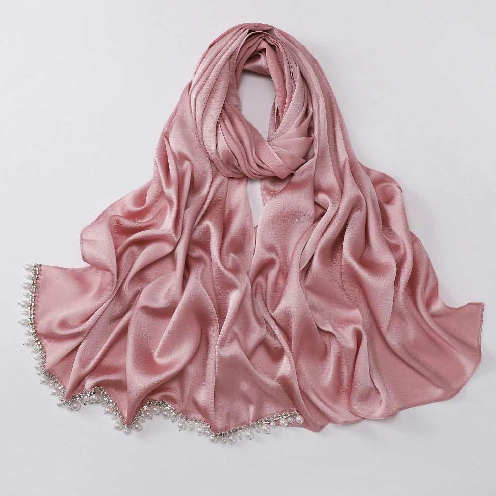 Wholesale Luxury Pearl Beaded Hijab Solid Color Pearl Trim Muslim Scarf