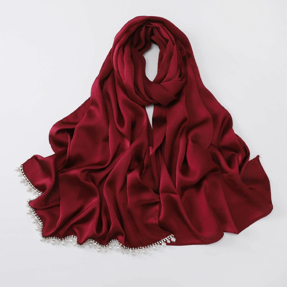 Wholesale Luxury Pearl Beaded Hijab Solid Color Pearl Trim Muslim Scarf