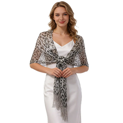 Wholesale Metallic Leopard Print Fringe Shawl Scarf Sparkly Tassel Wrap for Women