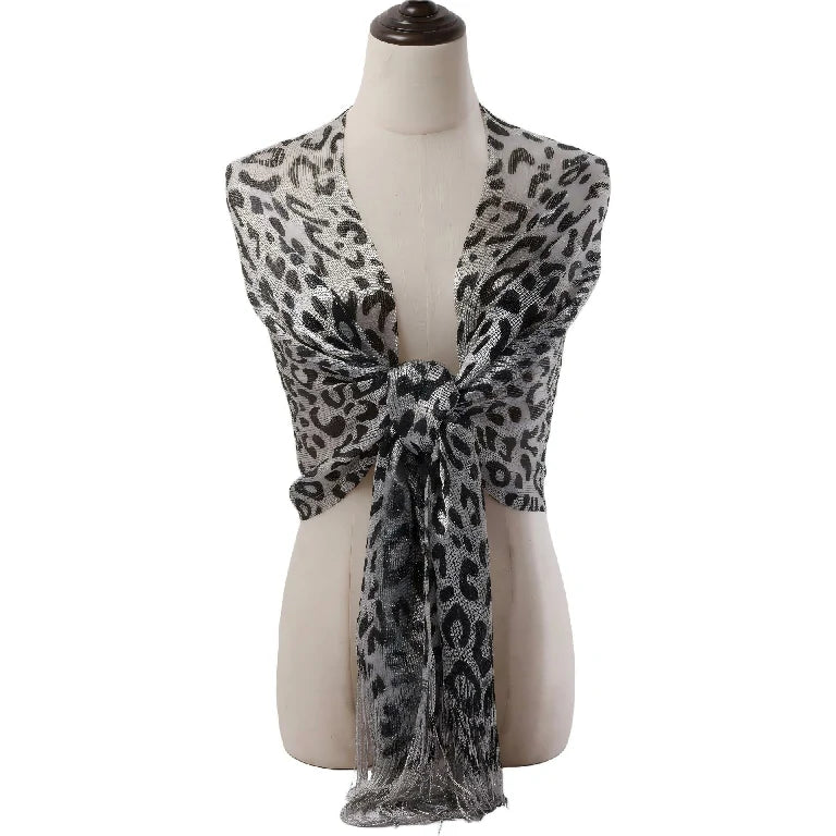 Wholesale Metallic Leopard Print Fringe Shawl Scarf Sparkly Tassel Wrap for Women