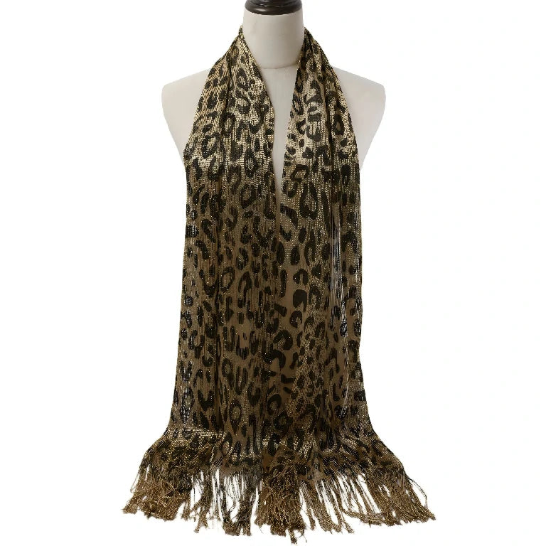 Wholesale Metallic Leopard Print Fringe Shawl Scarf Sparkly Tassel Wrap for Women