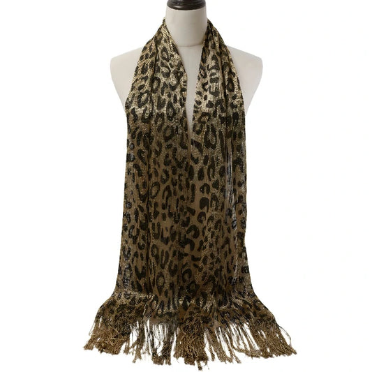 Wholesale Metallic Leopard Print Fringe Shawl Scarf Sparkly Tassel Wrap for Women