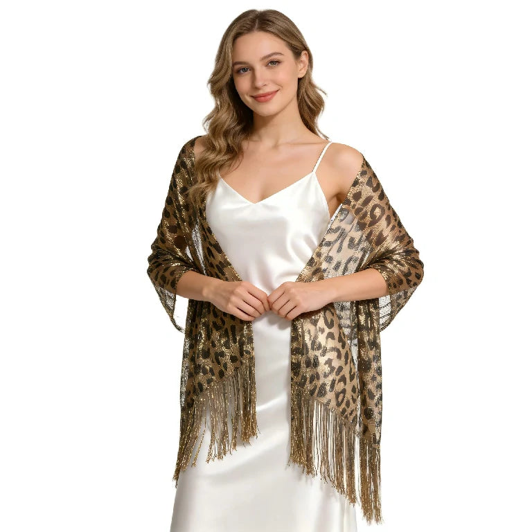 Wholesale Metallic Leopard Print Fringe Shawl Scarf Sparkly Tassel Wrap for Women