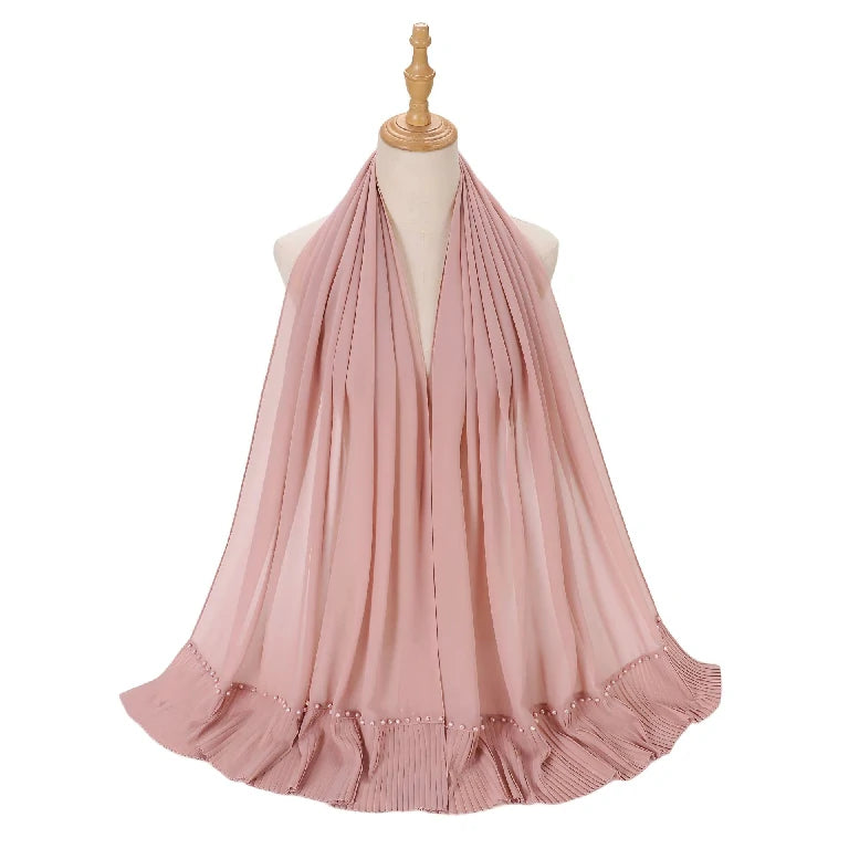 Wholesale Muslim Hijab Pleated Chiffon Scarf Pearl Beads for Women