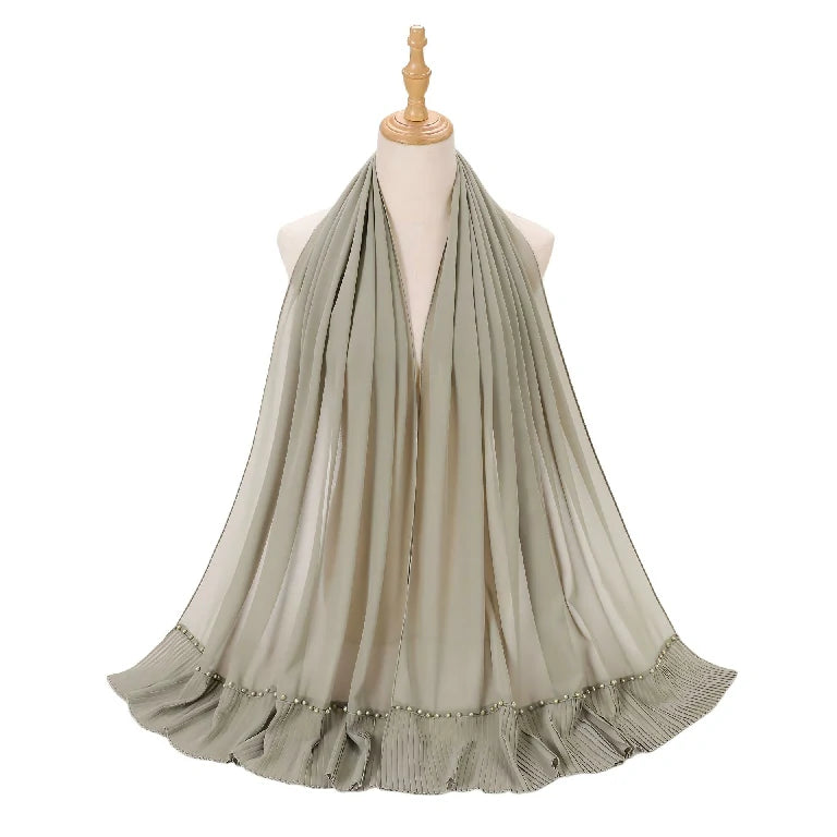 Wholesale Muslim Hijab Pleated Chiffon Scarf Pearl Beads for Women
