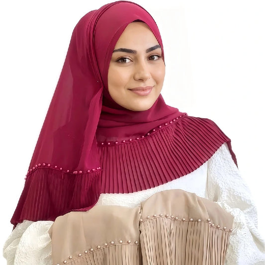 Wholesale Muslim Hijab Pleated Chiffon Scarf Pearl Beads for Women