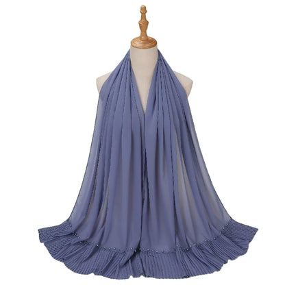 Wholesale Muslim Hijab Pleated Chiffon Scarf Pearl Beads for Women