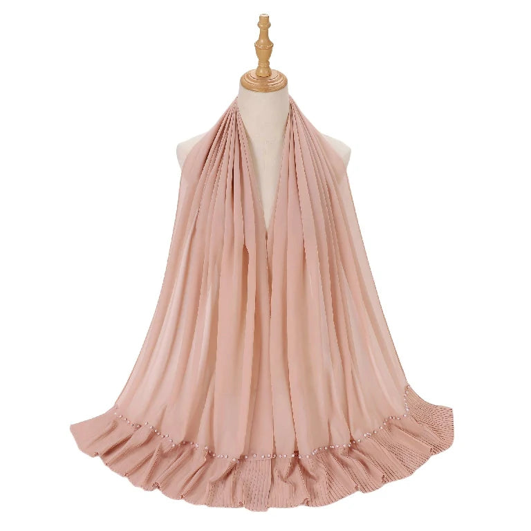 Wholesale Muslim Hijab Pleated Chiffon Scarf Pearl Beads for Women