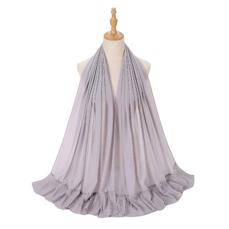 Wholesale Muslim Hijab Pleated Chiffon Scarf Pearl Beads for Women