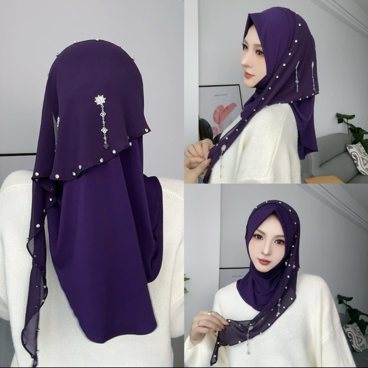 Wholesale Muslim Luxury Hijab Pearl Crystals Beaded Embellished Scarf