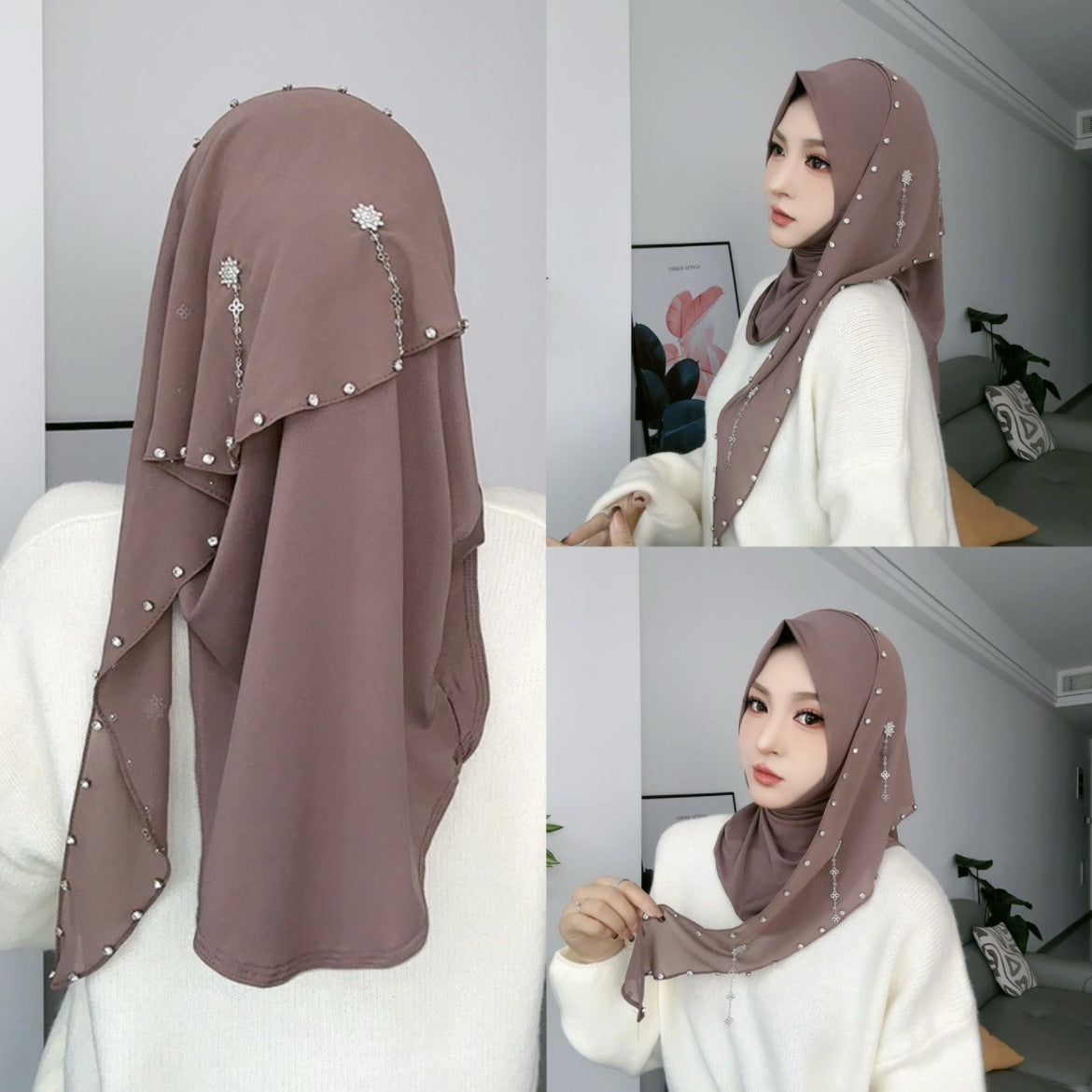 Wholesale Muslim Luxury Hijab Pearl Crystals Beaded Embellished Scarf