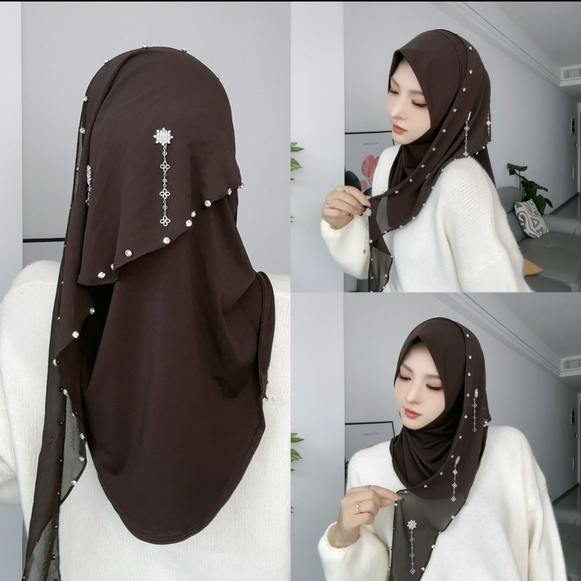 Wholesale Muslim Luxury Hijab Pearl Crystals Beaded Embellished Scarf