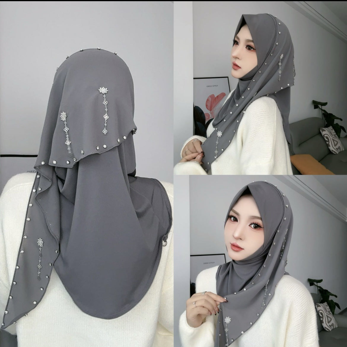 Wholesale Muslim Luxury Hijab Pearl Crystals Beaded Embellished Scarf