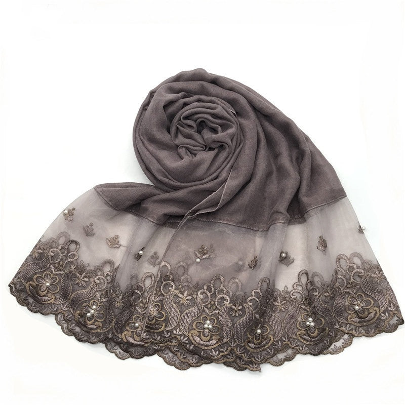 Wholesale Muslim Women Lace Edge Hijab With Pearls Embroidered Scarf