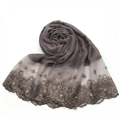 Wholesale Muslim Women Lace Edge Hijab With Pearls Embroidered Scarf