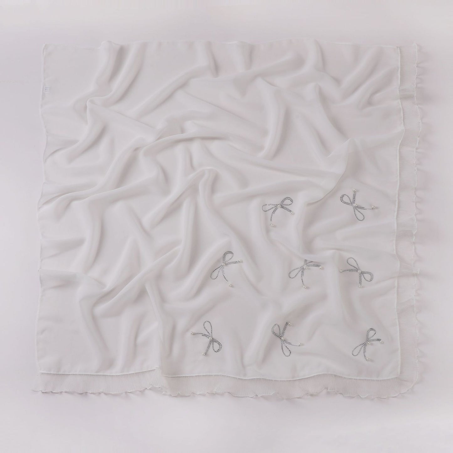 Wholesale Pearl Bow Chiffon Hijab Ruffle Edges Square Luxury Modest Scarf Shawl