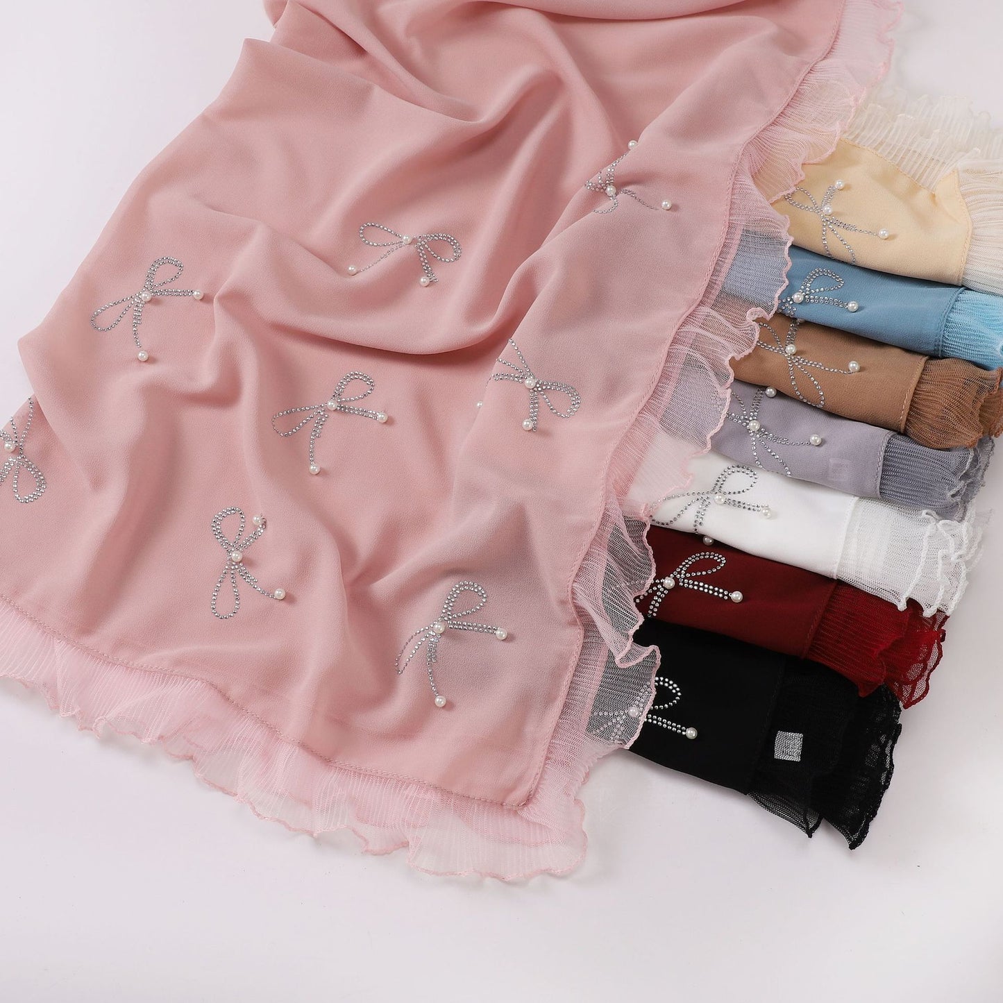 Wholesale Pearl Bow Chiffon Hijab Ruffle Edges Square Luxury Modest Scarf Shawl