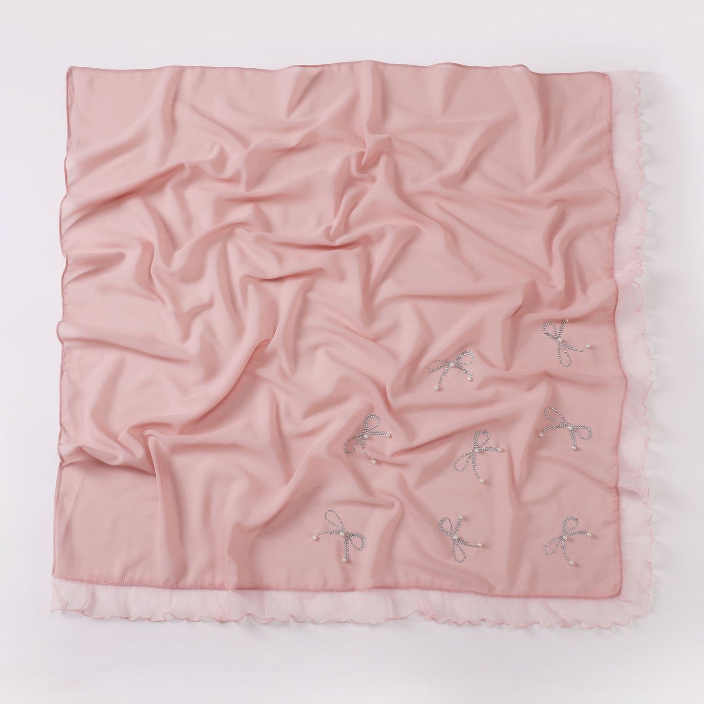 Wholesale Pearl Bow Chiffon Hijab Ruffle Edges Square Luxury Modest Scarf Shawl