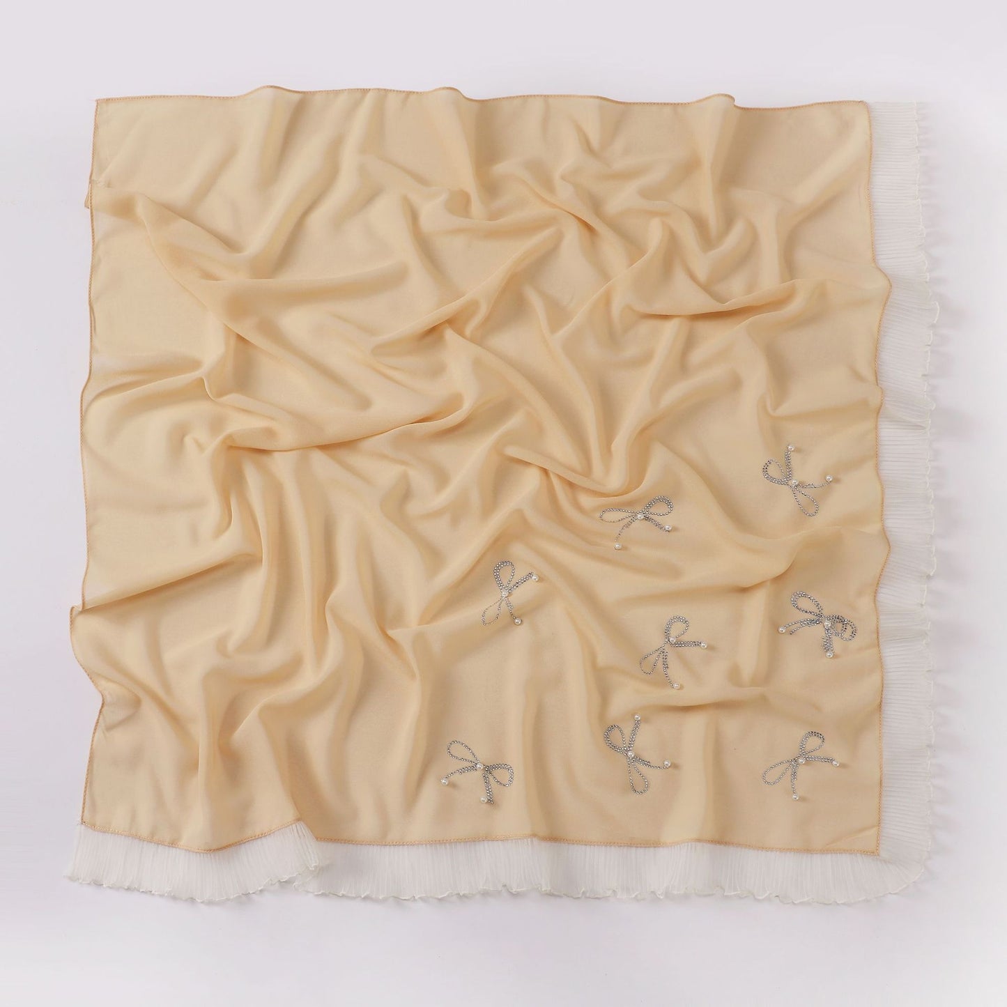 Wholesale Pearl Bow Chiffon Hijab Ruffle Edges Square Luxury Modest Scarf Shawl