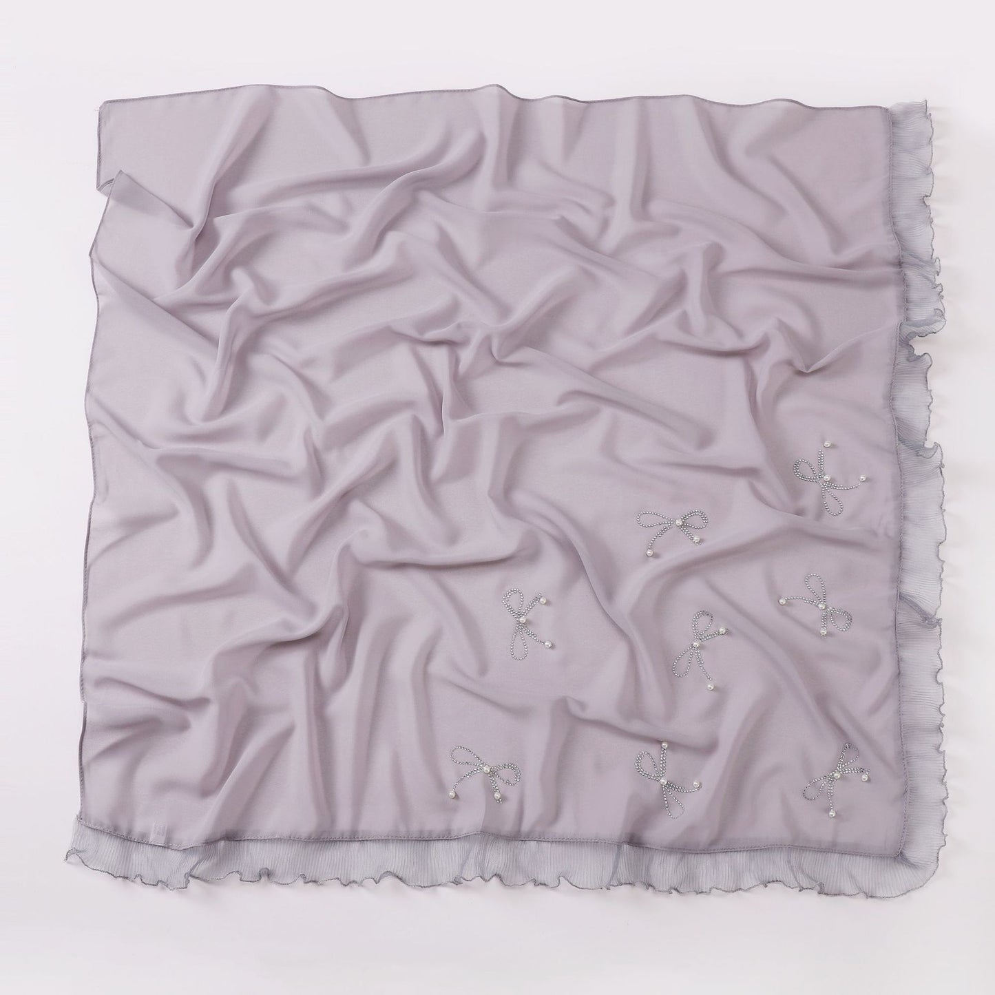 Wholesale Pearl Bow Chiffon Hijab Ruffle Edges Square Luxury Modest Scarf Shawl