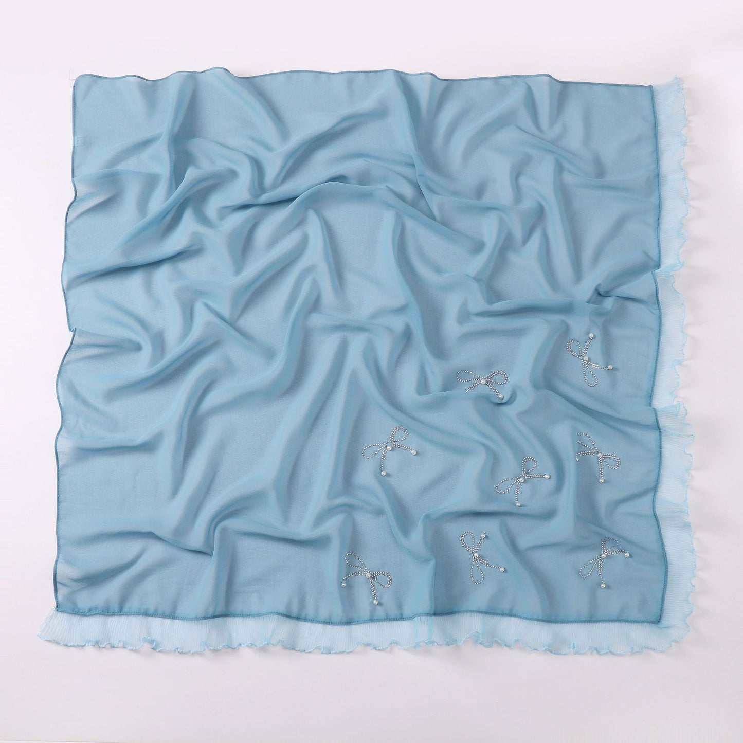 Wholesale Pearl Bow Chiffon Hijab Ruffle Edges Square Luxury Modest Scarf Shawl