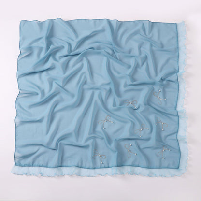 Wholesale Pearl Bow Chiffon Hijab Ruffle Edges Square Luxury Modest Scarf Shawl
