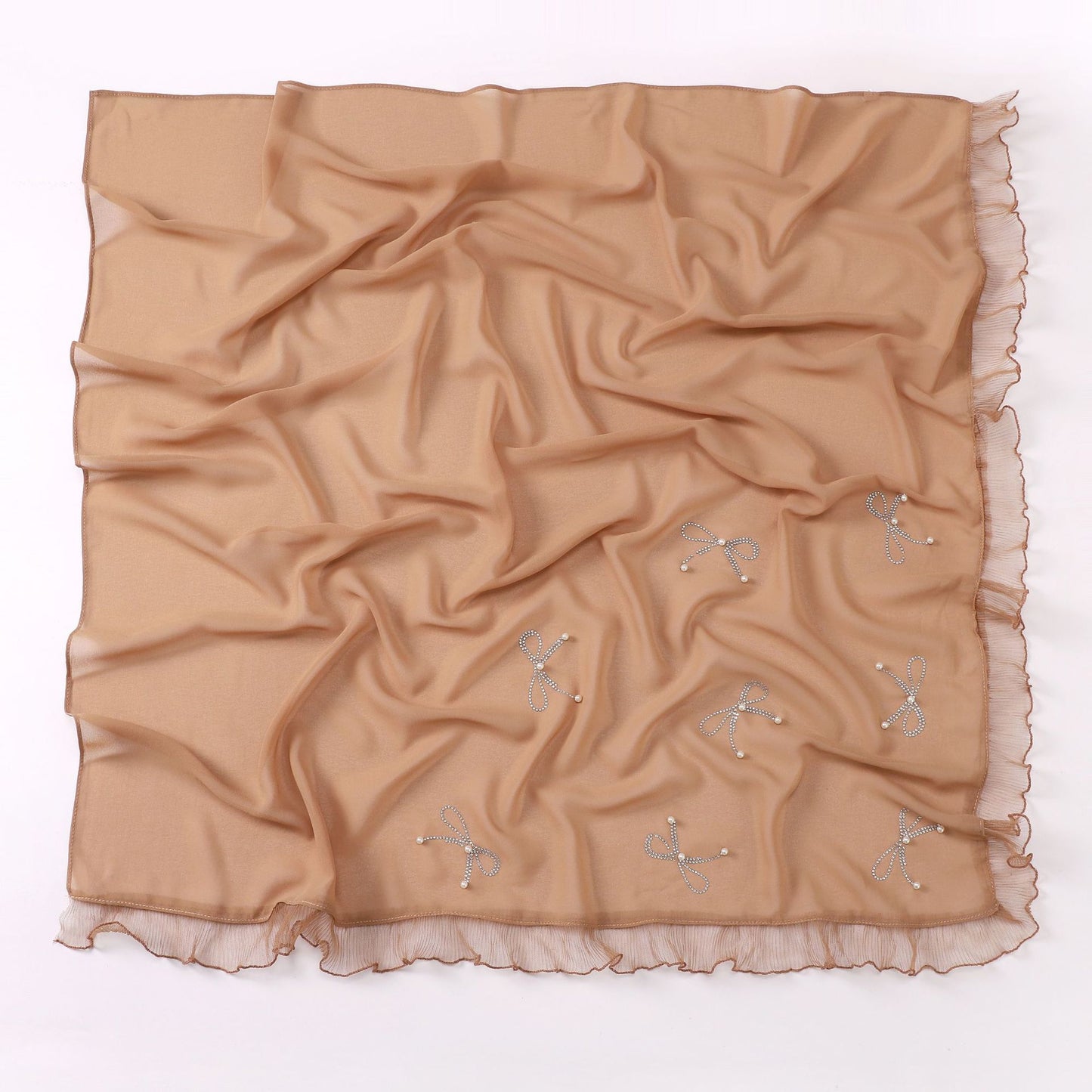 Wholesale Pearl Bow Chiffon Hijab Ruffle Edges Square Luxury Modest Scarf Shawl